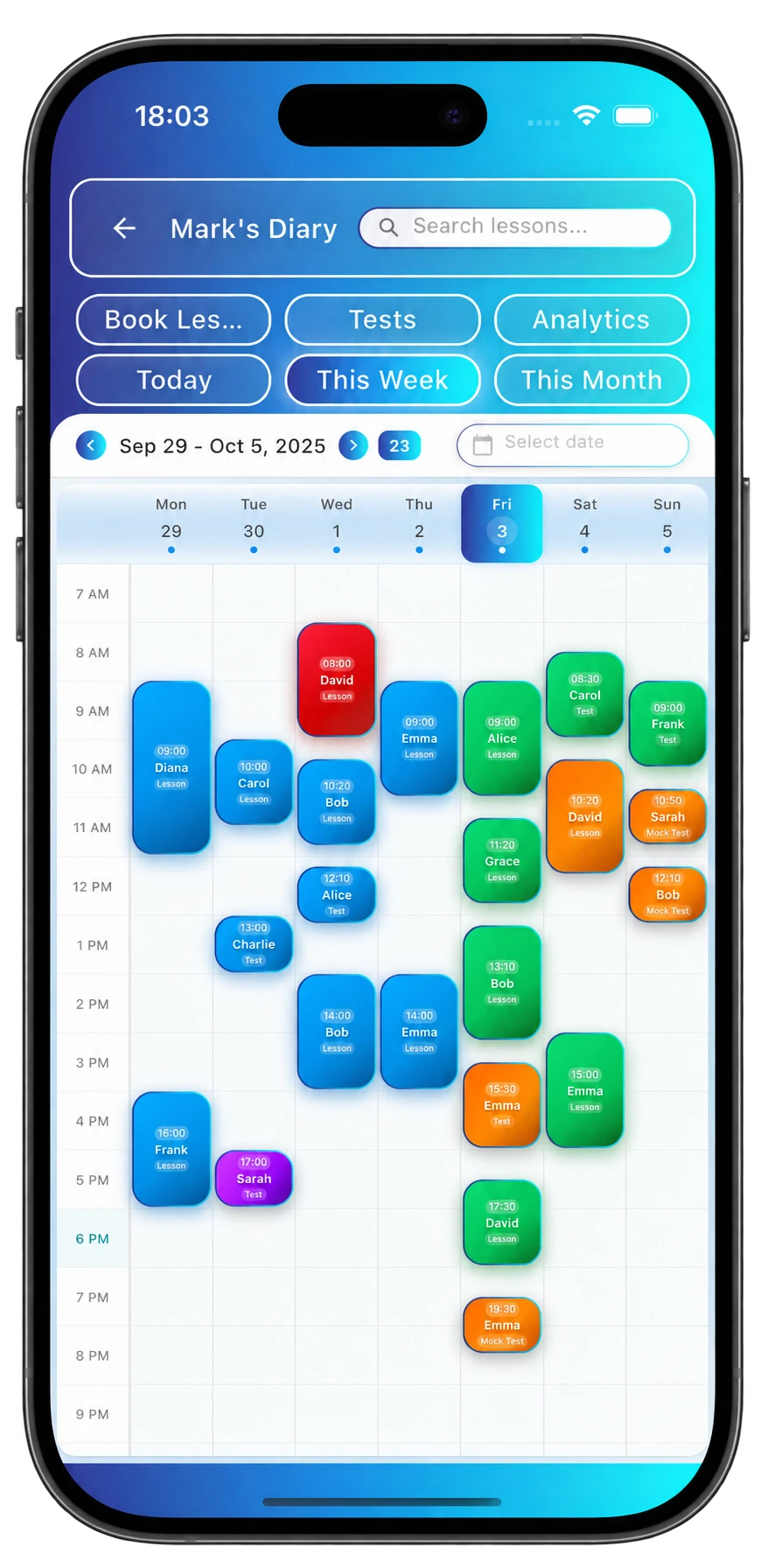 Full CoreDrive development diary with a week of lesson and test bookings, shown in an iPhone