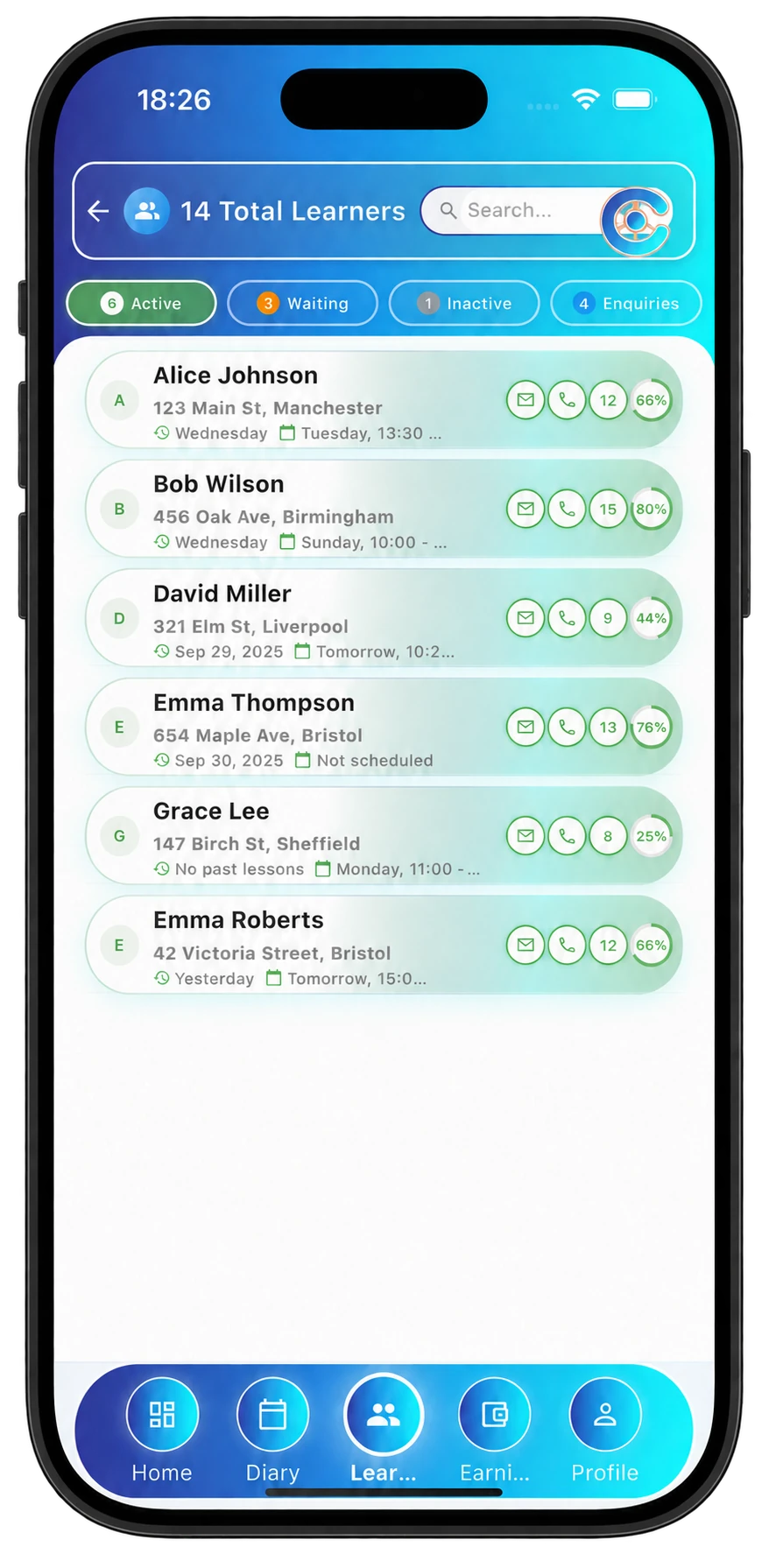 Full CoreDrive development learner list with lesson and progress summaries, shown in an iPhone