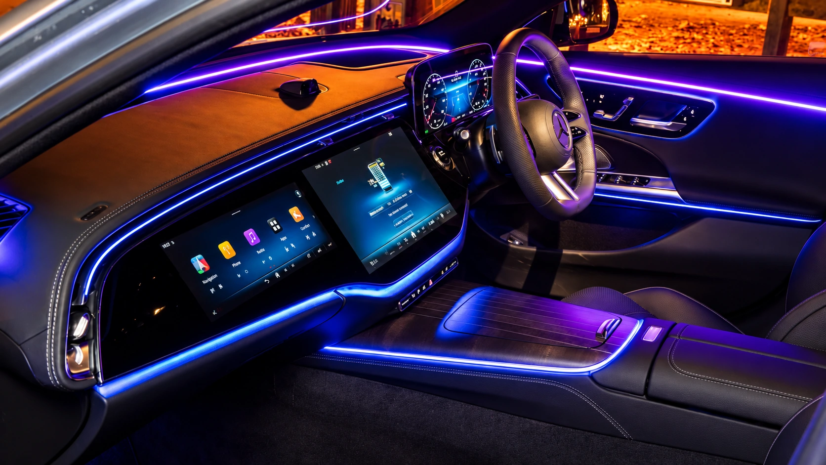 Car interior with purple ambient lighting